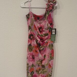 Floral One Shoulder Dress - Pink and Green
